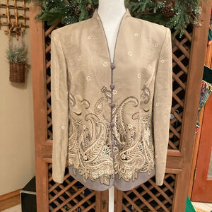 Adrianna Papell Women's Silk Jacket Size 14P Button Floral Gold V Neck Lined